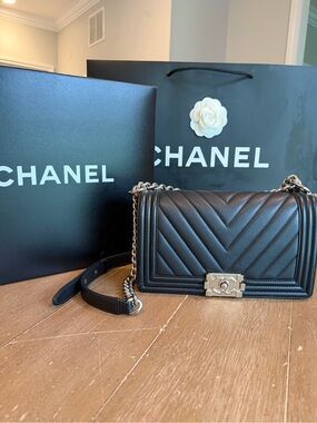 CHANEL Black Chevron Quilted Le Boy Bag with rare Silver-Tone Hardware